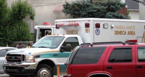 Medic 161 on the scene of a structure fire in Sharpsburg, photo by Seneca Area Emergency Services